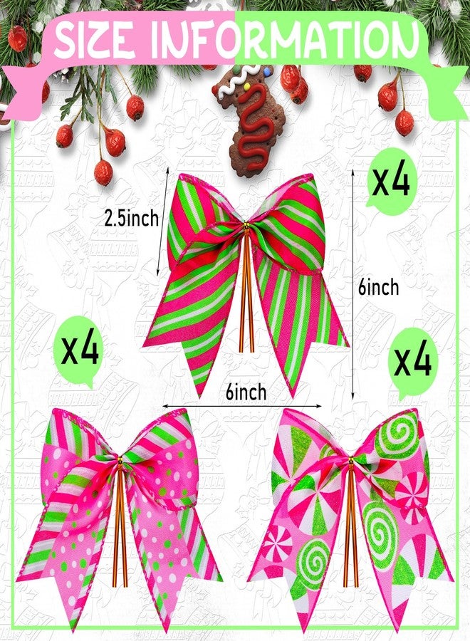 Knitgrip 12 Pcs Christmas Pink Green Bows Decoration 6 Inch Large Christmas Candy Peppermint Bowknots Gift Wrapping Ribbon Garland for Xmas Tree Wreaths Holiday Crafts Party Accessories - Image 2